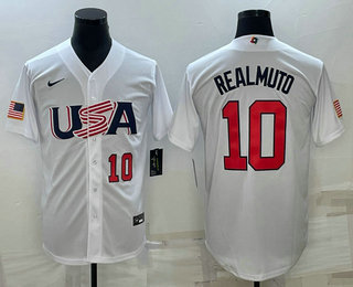 Men%27s USA Baseball #10 JT Realmuto Number 2023 White World Baseball Classic Stitched Jerseys